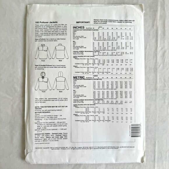 Stretch & Sew Sewing Pattern 193 Unisex Pullover Yoked Hoodie JACKET Sz 30-46" - Picture 4 of 4